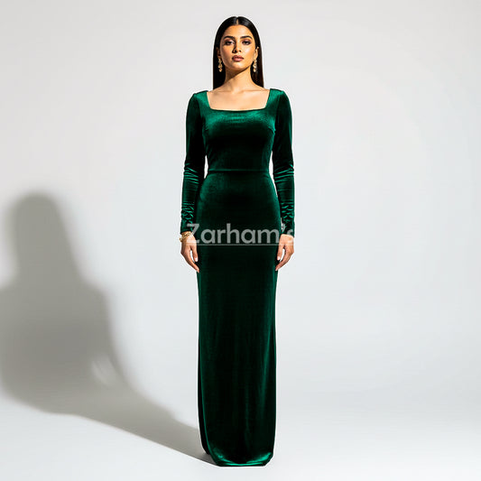 Handmade Emerald Green Velvet Long Dress | Premium Quality Velvet Formal and Party Dresses