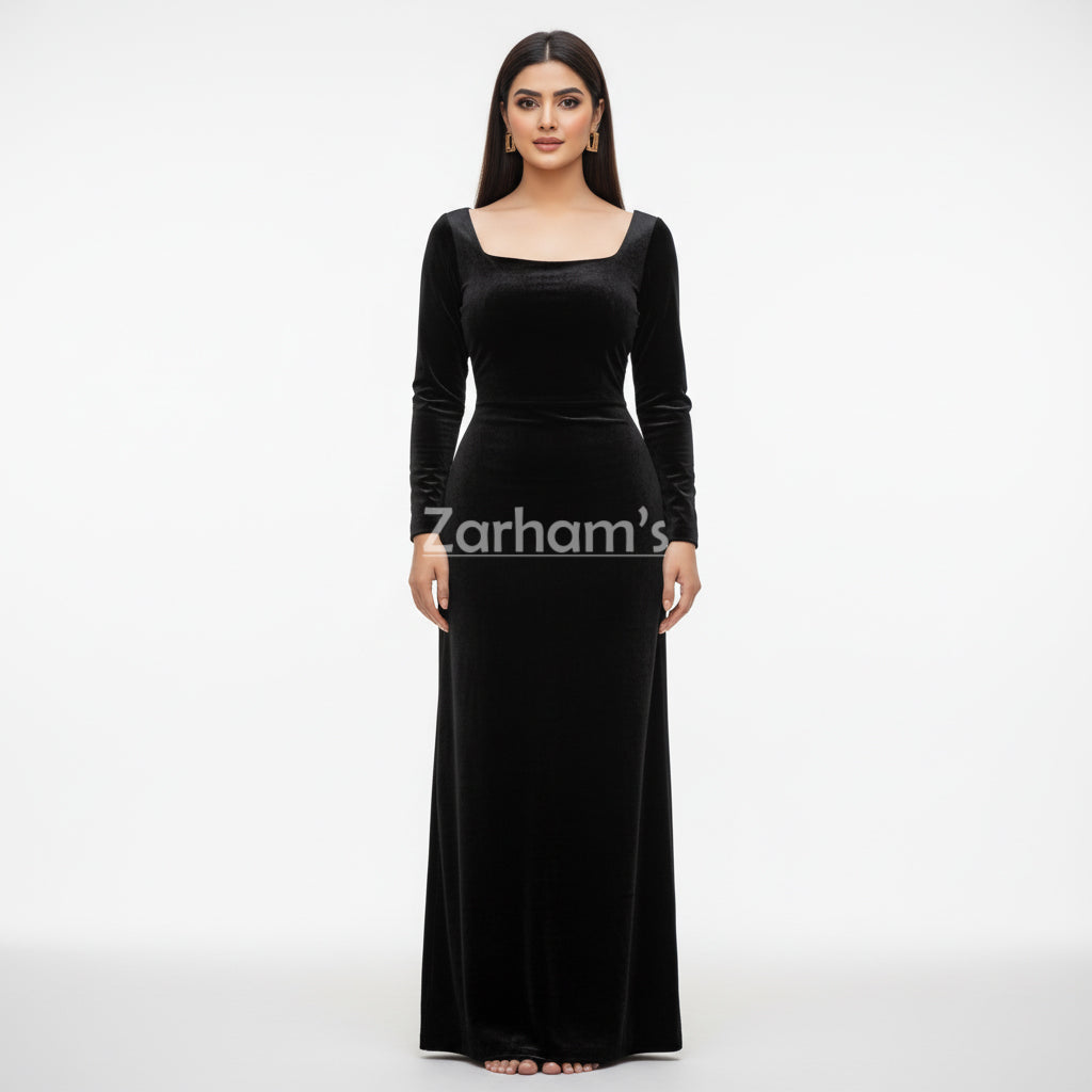 Handmade Midnight Black Velvet Long Dress | Premium Quality Velvet Formal and Party Dresses
