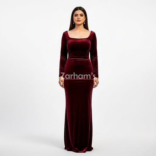 Handmade Maroon Velvet Long Dress | Premium Quality Velvet Formal and Party Dresses