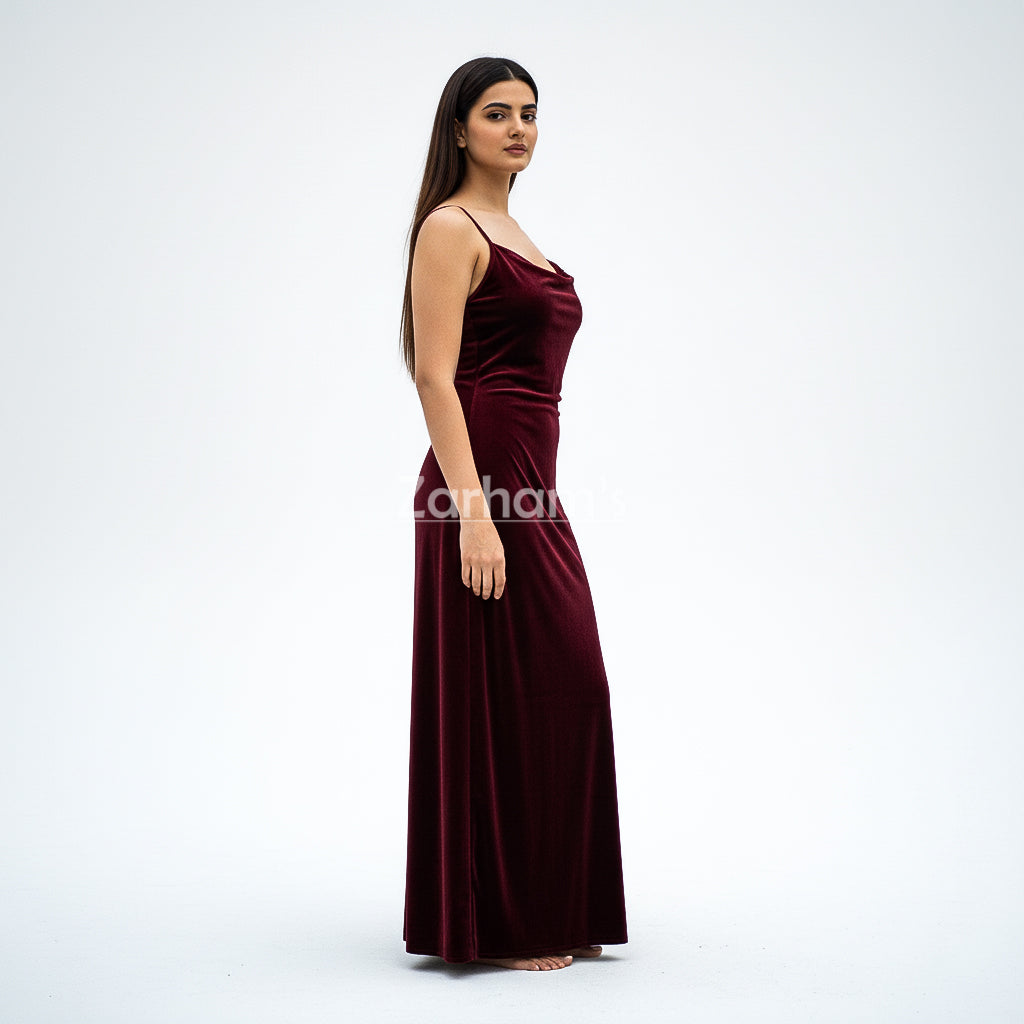 Handmade Maroon Velvet Long Dress | Premium Quality Velvet Formal and Party Dresses