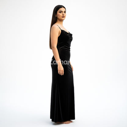 Handmade Midnight Black Velvet Long Dress | Premium Quality Velvet Formal and Party Dresses