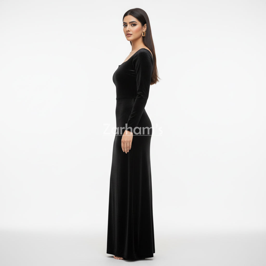 Handmade Midnight Black Velvet Long Dress | Premium Quality Velvet Formal and Party Dresses