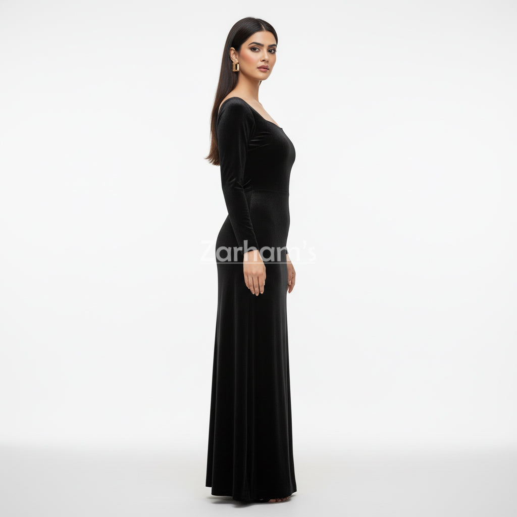 Handmade Midnight Black Velvet Long Dress | Premium Quality Velvet Formal and Party Dresses