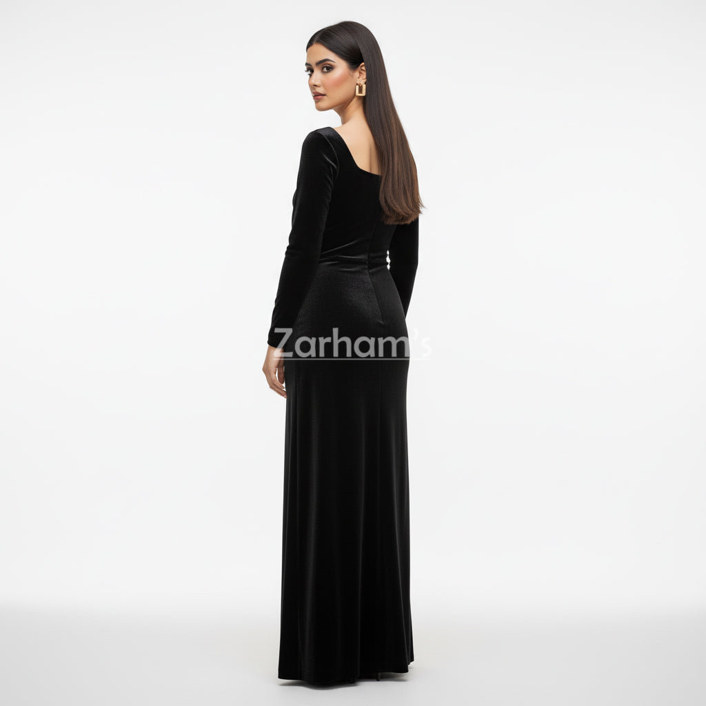 Handmade Midnight Black Velvet Long Dress | Premium Quality Velvet Formal and Party Dresses