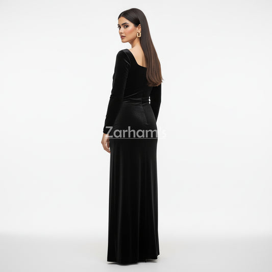 Handmade Midnight Black Velvet Long Dress | Premium Quality Velvet Formal and Party Dresses