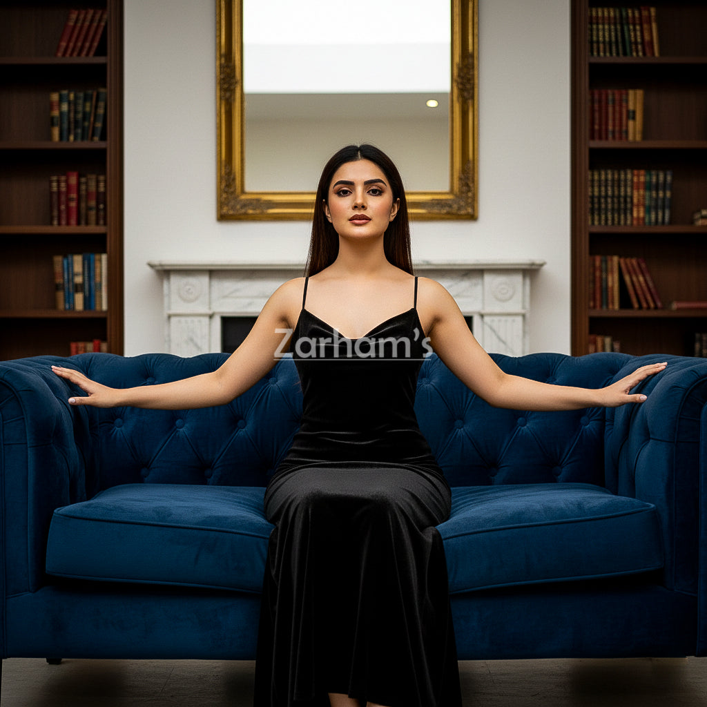 Handmade Midnight Black Velvet Long Dress | Premium Quality Velvet Formal and Party Dresses