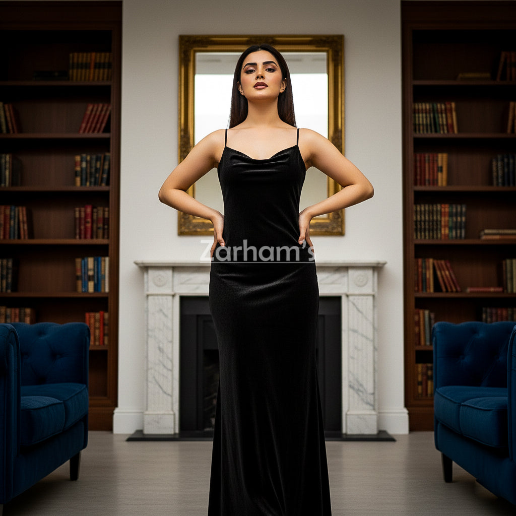 Handmade Midnight Black Velvet Long Dress | Premium Quality Velvet Formal and Party Dresses