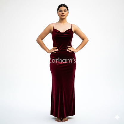 Handmade Maroon Velvet Long Dress | Premium Quality Velvet Formal and Party Dresses