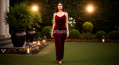 Handmade Maroon Velvet Long Dress | Premium Quality Velvet Formal and Party Dresses