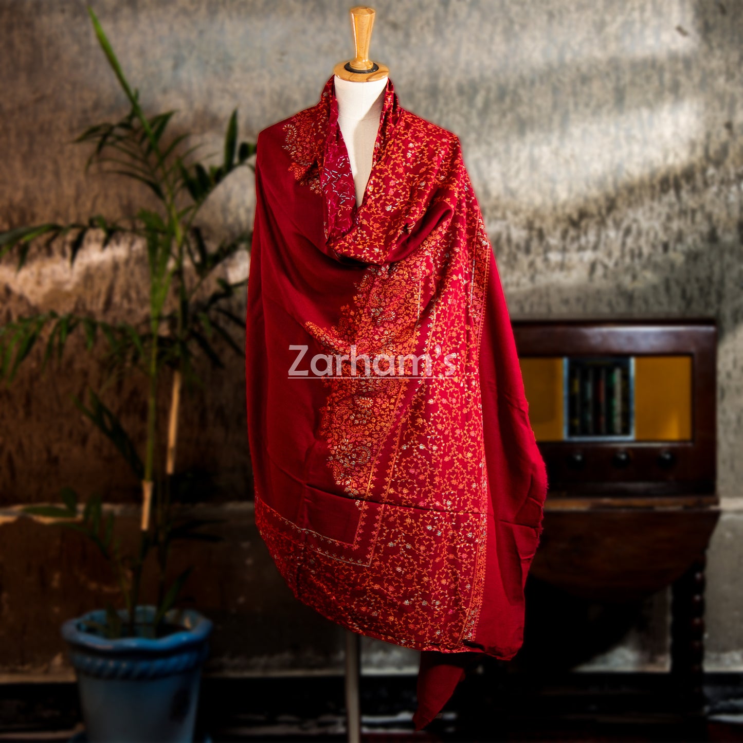 Handmade Pashmina shawl hand printed and embroided