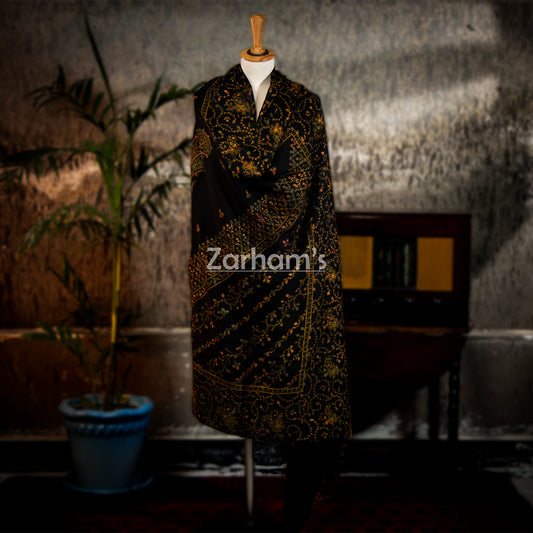 Handmade Cashmere Pashmina Black shawl hand printed and embroided