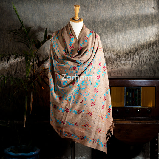 100% Handmade Pure Pashmina Woolen hand embroidered Shawl for women in Camel Brown Color
