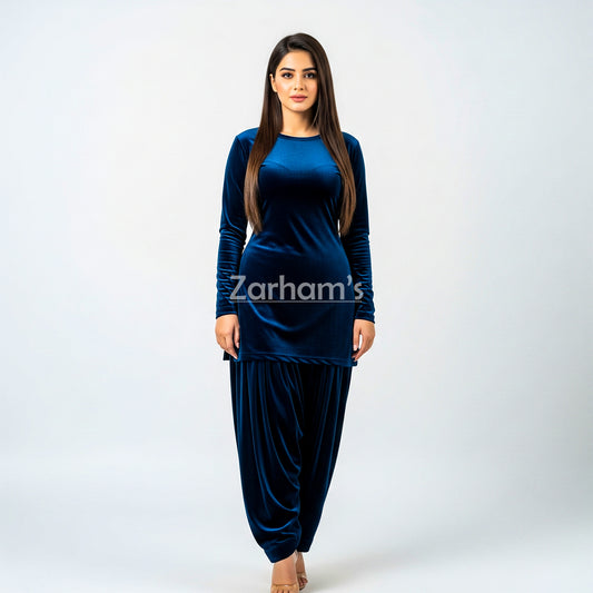 Handmade Velvet Dark Blue Kameez Shalwar Suit | Premium Quality Velvet Formal and Party Dresses