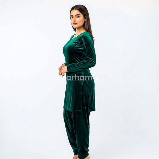 Handmade Velvet Dark Green Kameez Shalwar Suit | Premium Quality Velvet Formal and Party Dresses