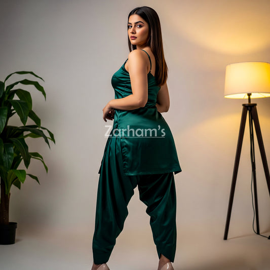 Handmade Dark Green Silk Kamiz Shalwar Suit