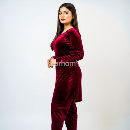 Handmade Velvet Maroon Kameez Shalwar Suit | Premium Quality Velvet Formal and Party Dresses