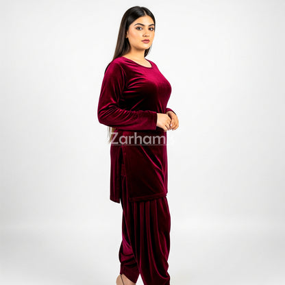 Handmade Velvet Maroon Kameez Shalwar Suit | Premium Quality Velvet Formal and Party Dresses