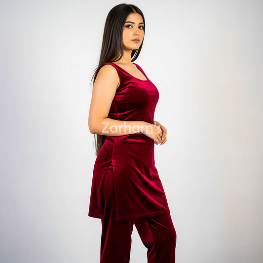 Handmade Velvet Maroon Sleeveless Kameez Shalwar Suit