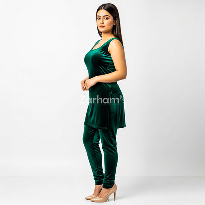 Handmade Velvet Dark Green Sleeveless Kameez Shalwar Suit
