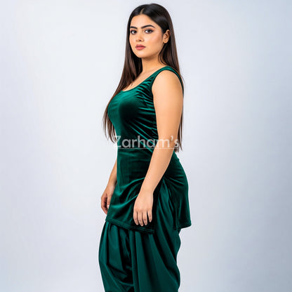 Handmade Velvet Dark Green Sleeveless Kameez Shalwar Suit