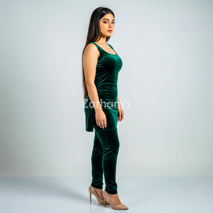 Handmade Velvet Dark Green Sleeveless Kameez Shalwar Suit
