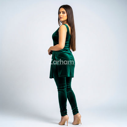 Handmade Velvet Dark Green Sleeveless Kameez Shalwar Suit