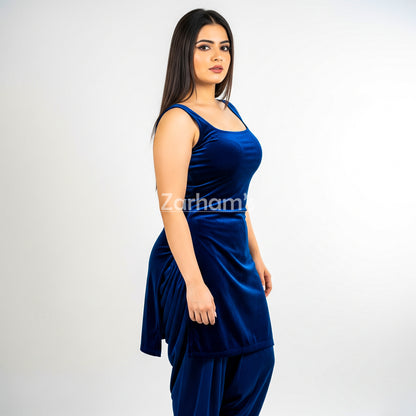 Handmade Velvet Dark Blue Sleeveless Kameez Shalwar Suit | Premium Quality Velvet Formal and Party Dresses