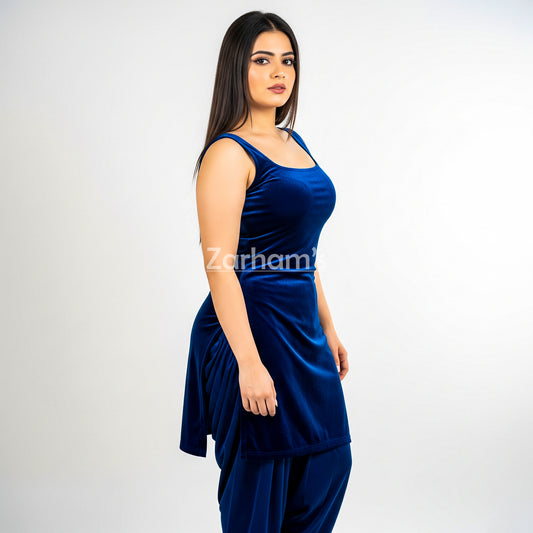 Handmade Velvet Dark Blue Sleeveless Kameez Shalwar Suit | Premium Quality Velvet Formal and Party Dresses