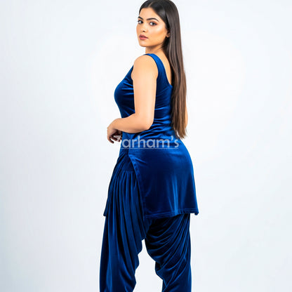 Handmade Velvet Dark Blue Sleeveless Kameez Shalwar Suit | Premium Quality Velvet Formal and Party Dresses