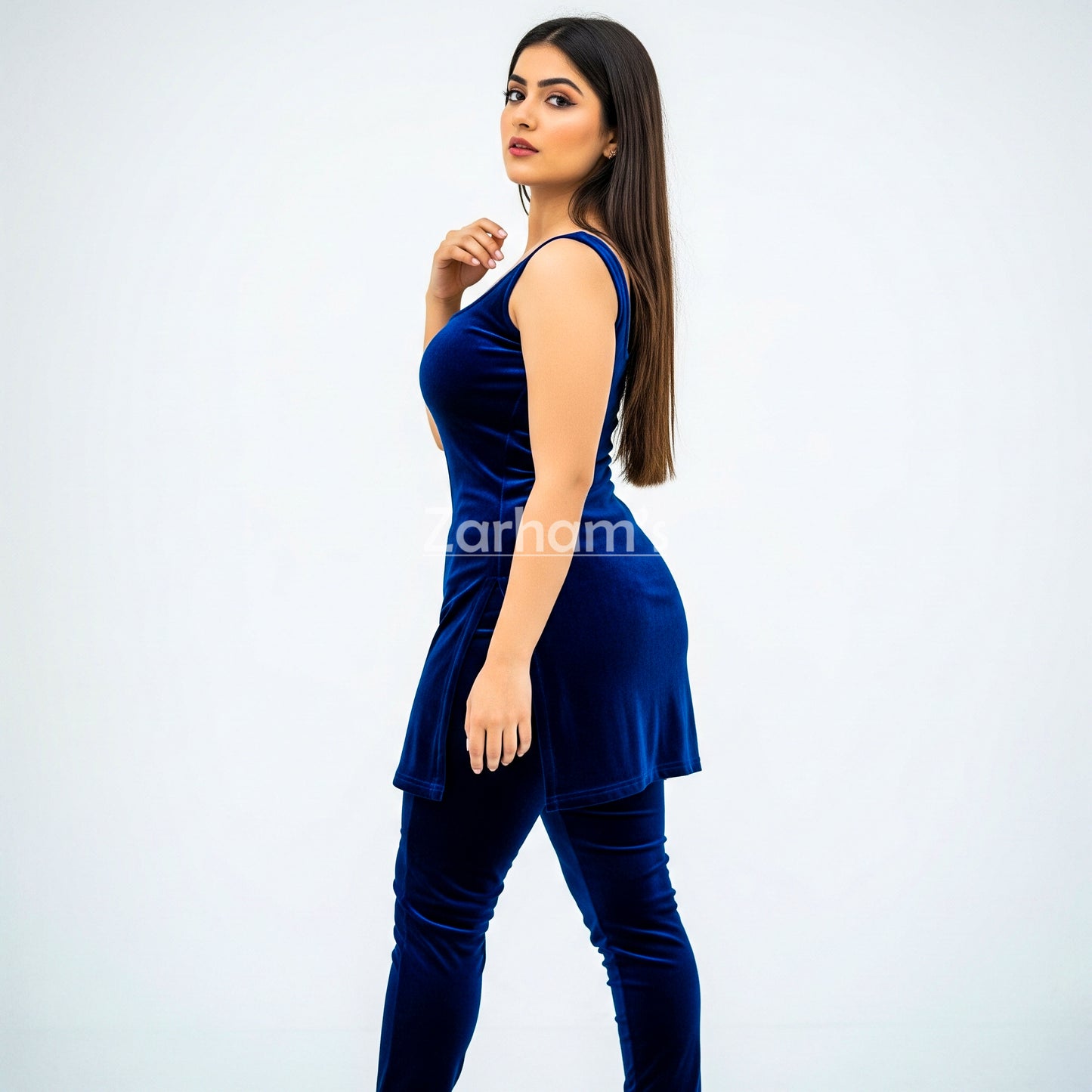 Handmade Velvet Dark Blue Sleeveless Kameez Shalwar Suit | Premium Quality Velvet Formal and Party Dresses