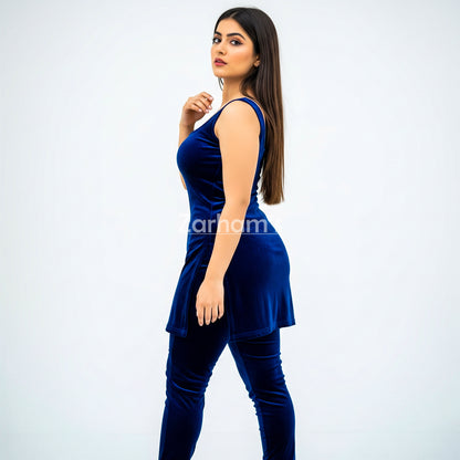 Handmade Velvet Dark Blue Sleeveless Kameez Shalwar Suit | Premium Quality Velvet Formal and Party Dresses