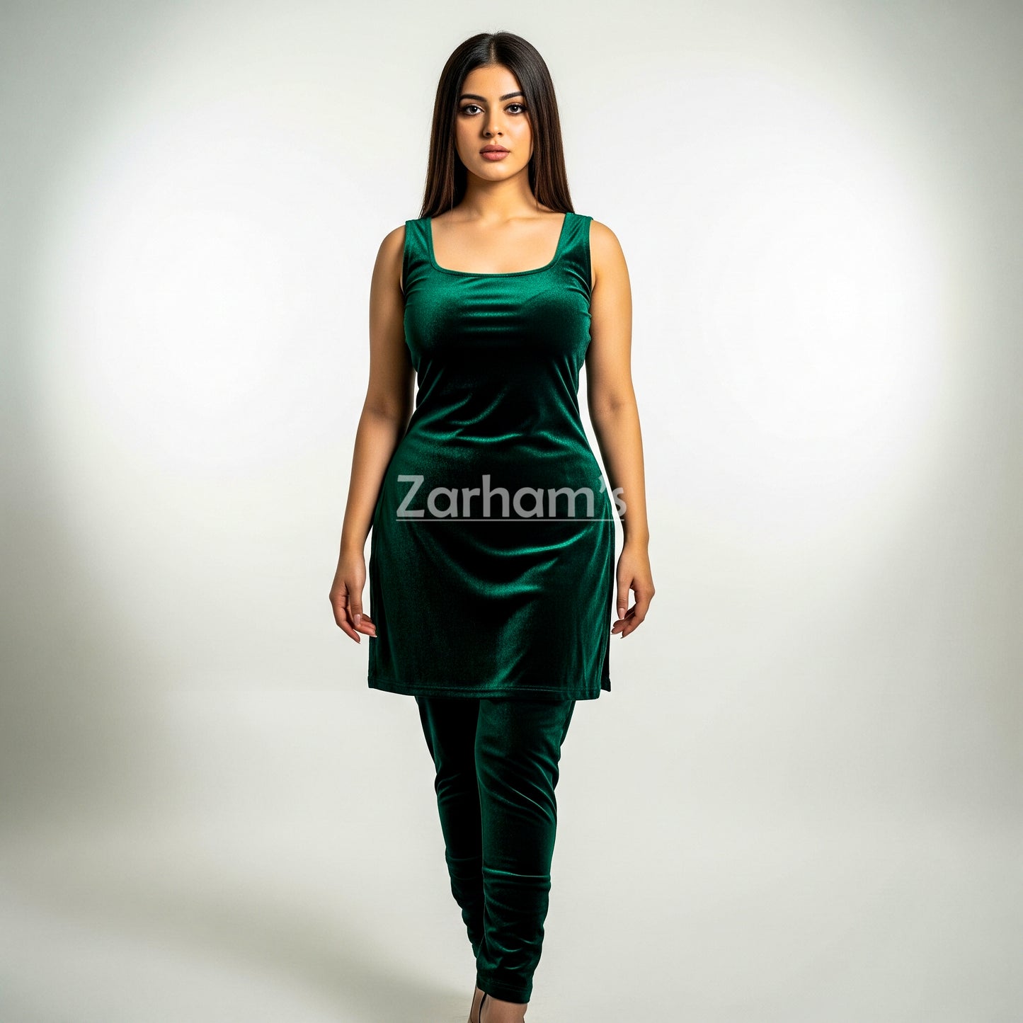 Handmade Velvet Dark Green Sleeveless Kameez Shalwar Suit